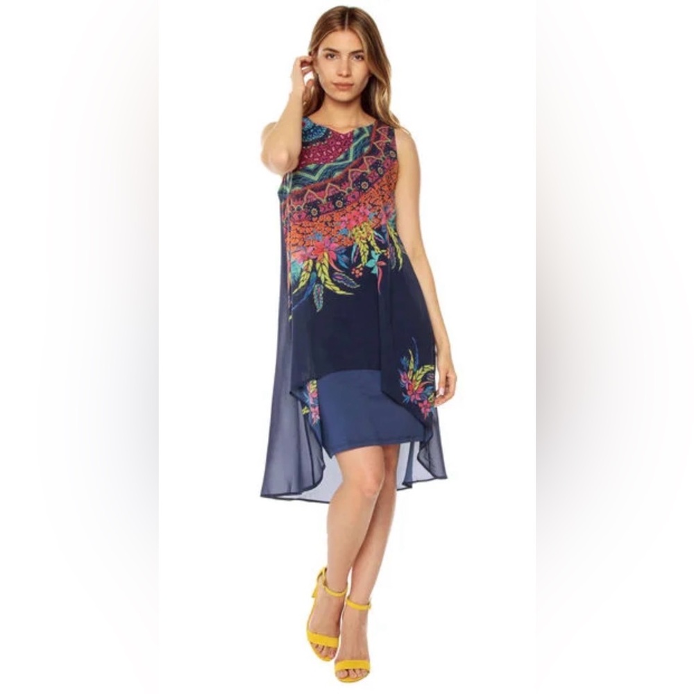Desigual Sleeveless “Adri” Navy Floral Overlay Hi-Lo Shift Dress, size 46 (XXL)